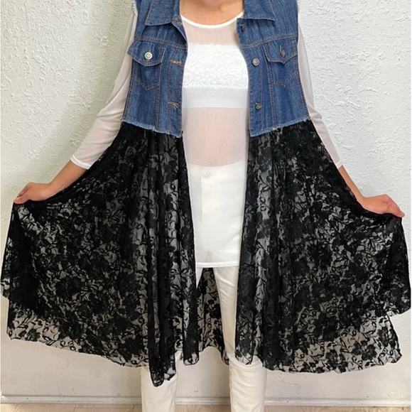 ORIGAMI Denim Vest Black Lace Bottom Boho Western Layering Piece Plus Size - Picture 2 of 13
